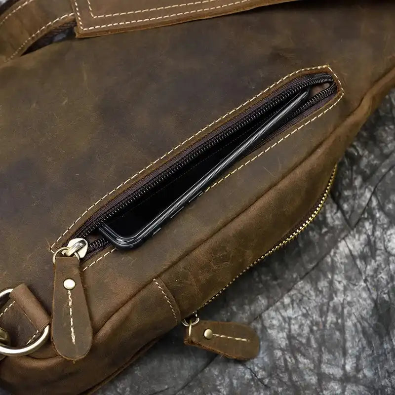 A brown leather bag with a zippered pocket, showing a black cell phone stored inside.