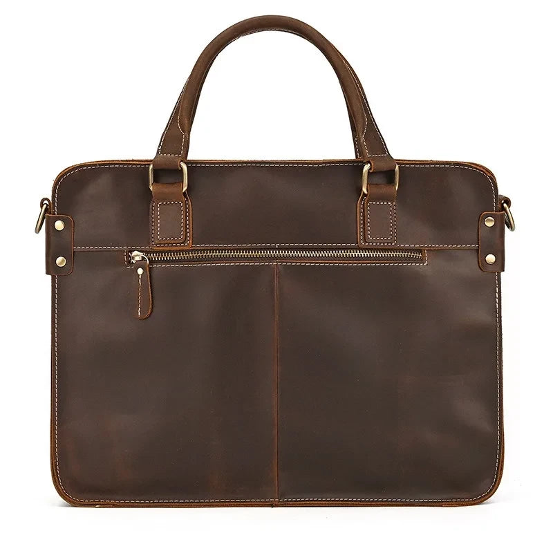 brown leather briefcase with handles and zipper, ideal for professional use and laptop -back view.