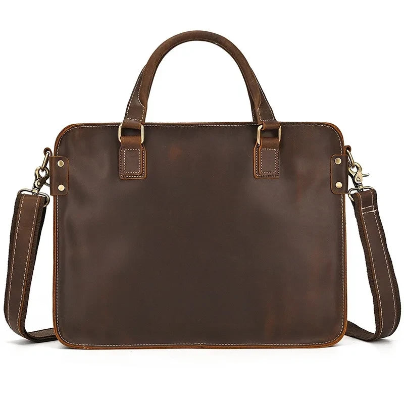 brown leather briefcase with handles and strap, ideal for professional use and laptop - front view.