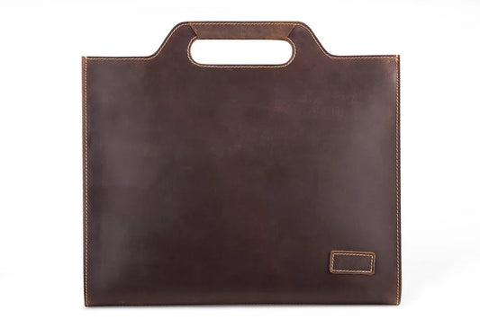 Brown leather briefcase with handle and minimalist and elegant style, front view.