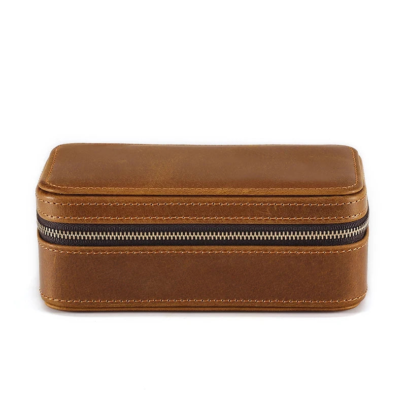 brown leather watch case with zipper closure, ideal for organizing and storing watches - front view.