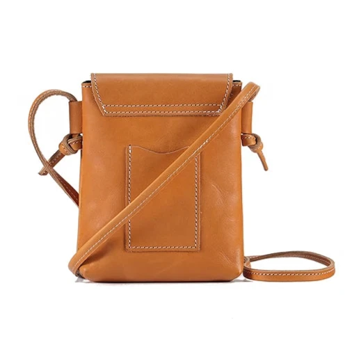 Brown women's leather crossbody bag, with long handle and elegant design - back view.