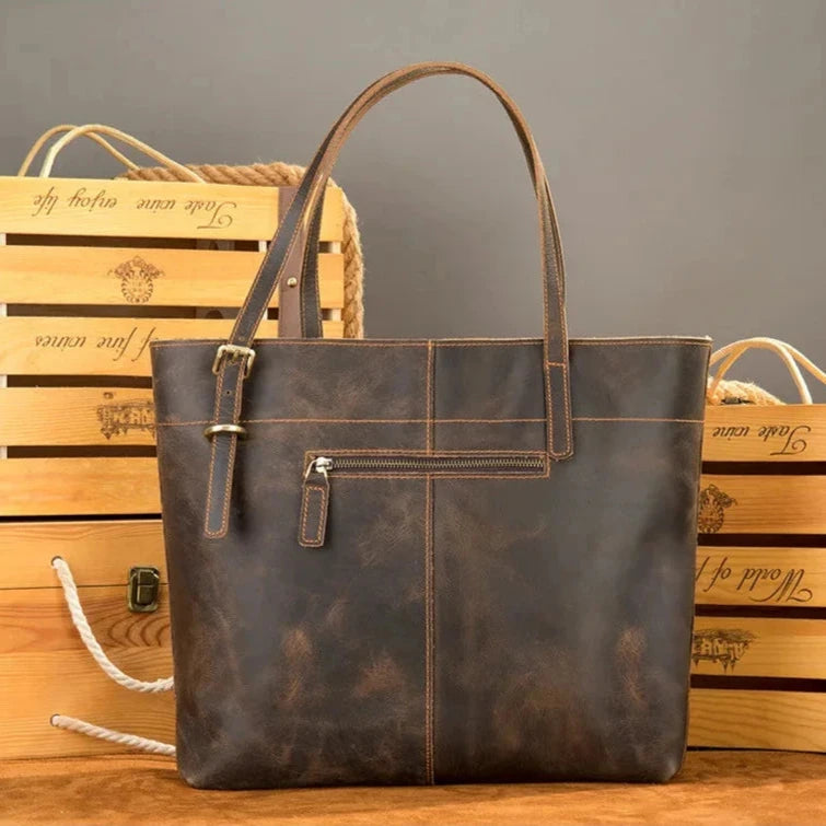 stylish brown leather tote bag with zipper details - back view.
