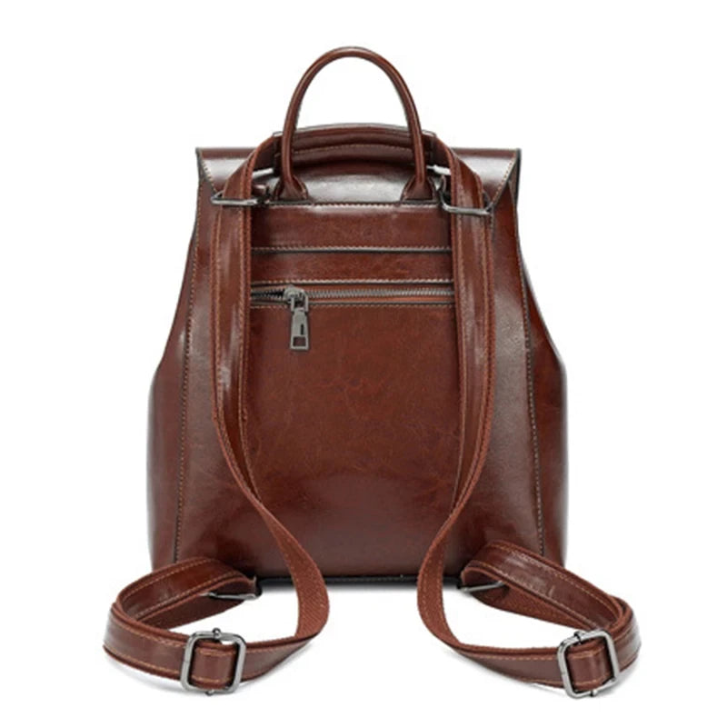 back view of a stylish brown leather backpack with adjustable straps and zipper pocket.