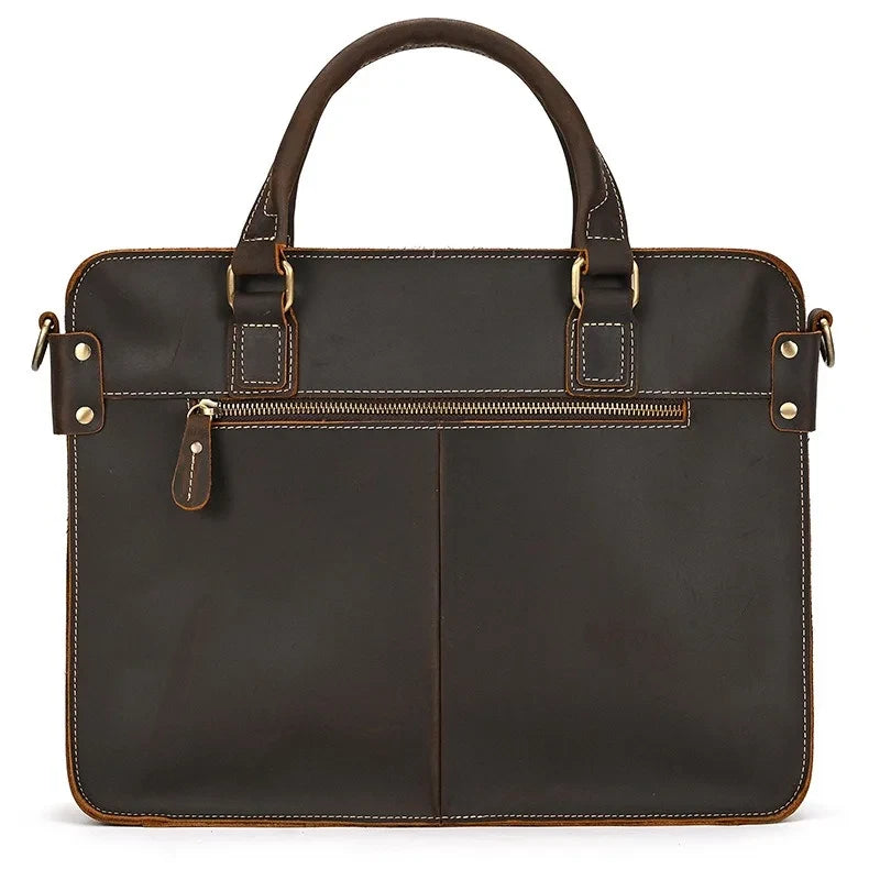Coffee brown leather briefcase with handles and zipper, ideal for professional use and laptop -back view.