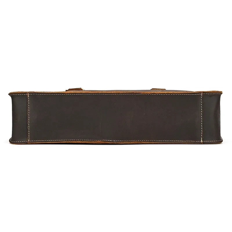 Coffee brown leather briefcase with handles and zipper, ideal for professional use and laptop - bottom view.
