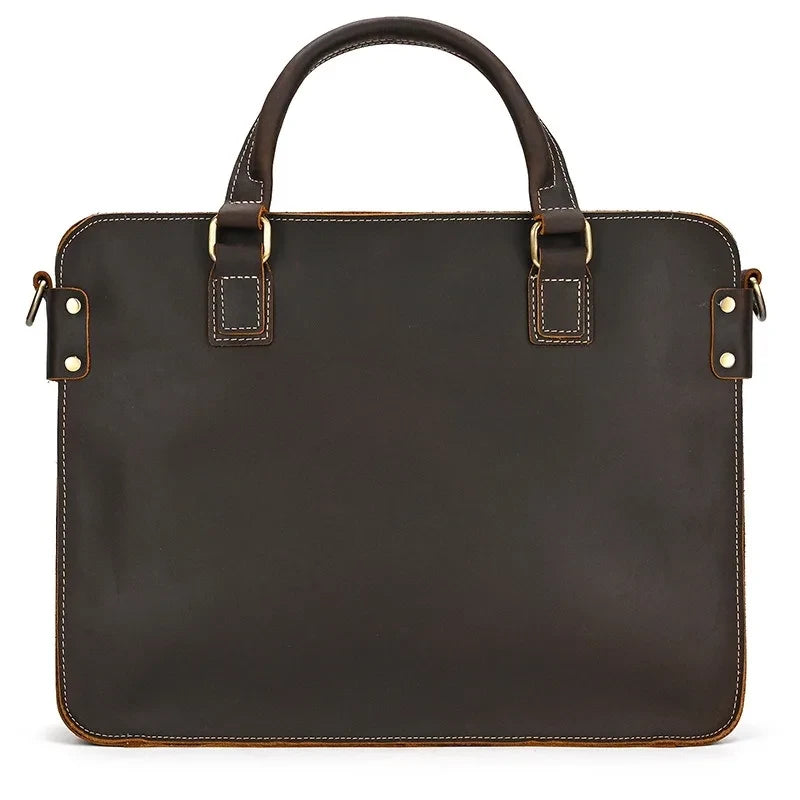 Coffee brown leather briefcase with handles and strap, ideal for professional use and laptop - front view.
