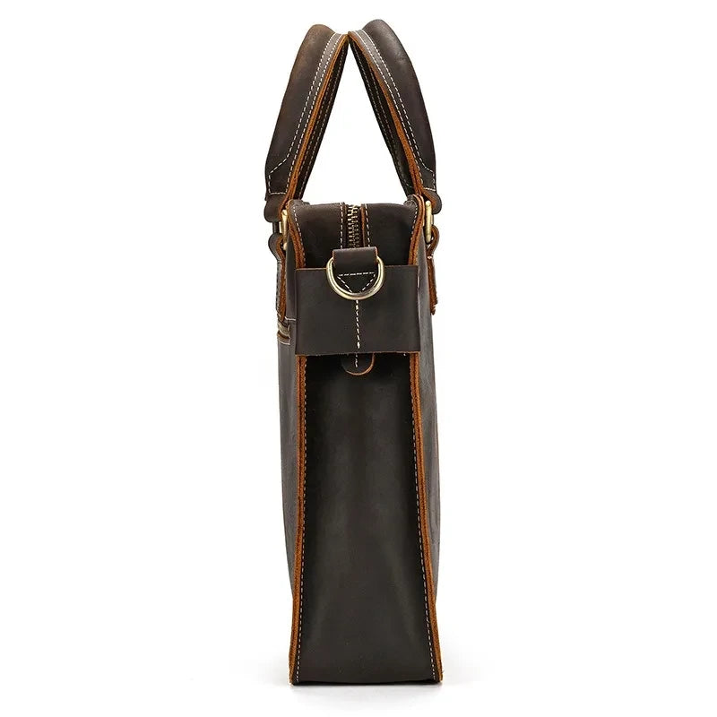 Coffee brown leather briefcase with handles and zipper, ideal for professional use and laptop - side view.