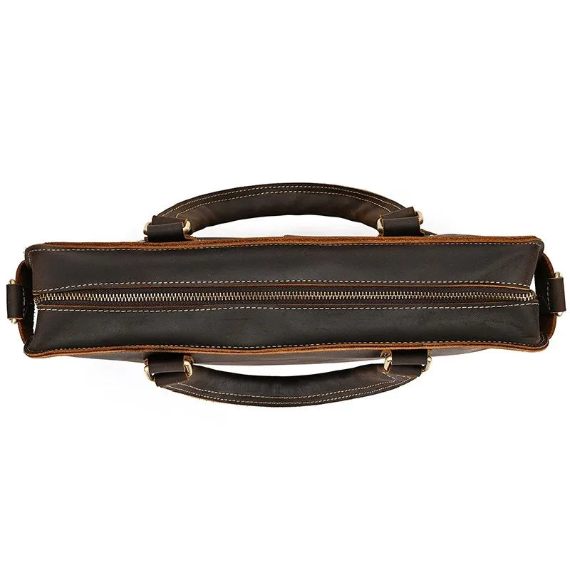 Coffee brown leather briefcase with handles and zipper, ideal for professional use and laptop - top view.