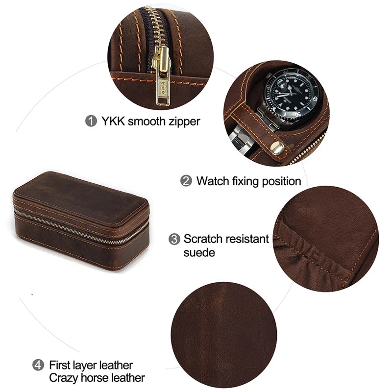 Watch case made of genuine leather, with smooth zipper and scratch-resistant suede interior details.