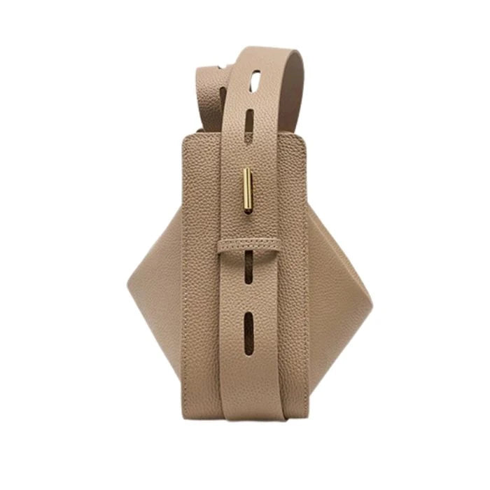 Gray leather bag with adjustable strap and modern, elegant design, side view.