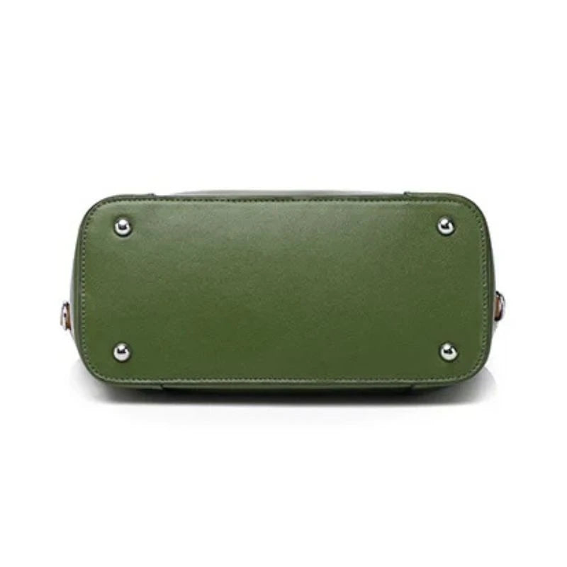 Army green leather bag with soft detachable soft handles and elegant charm, bottom view.