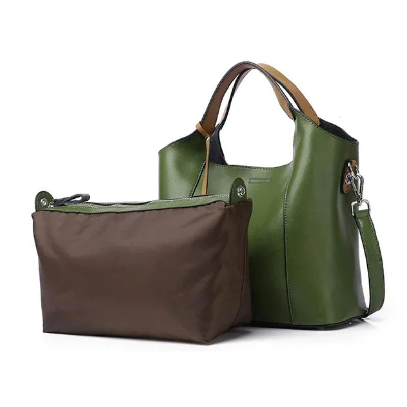 Army green leather bag with detachable inner pouch, front view.
