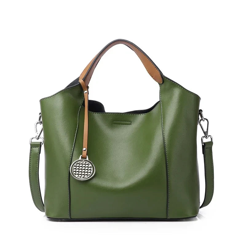 Army green leather bag with soft detachable handles and elegant charm - variant