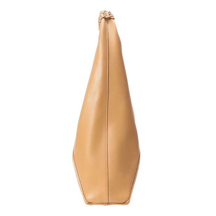 Gold leather bag with unique design and braided handle, side view.