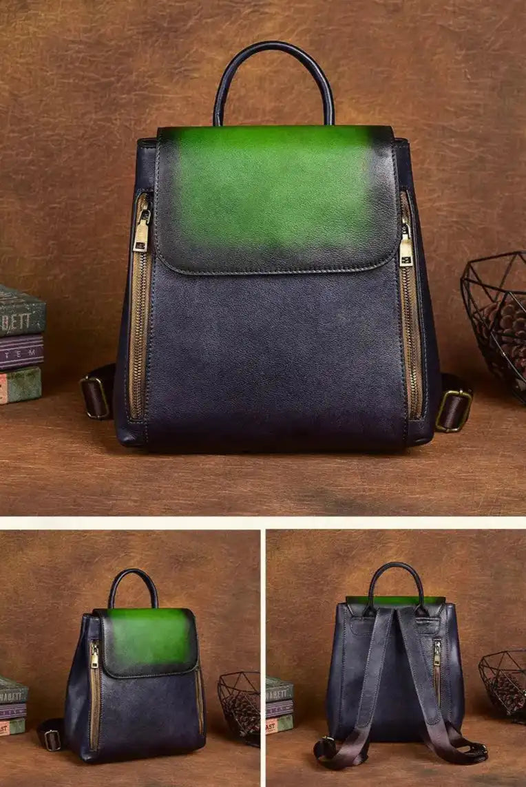 multiple views of green and blue leather backpack with an elegant design, with zippers and adjustable straps.