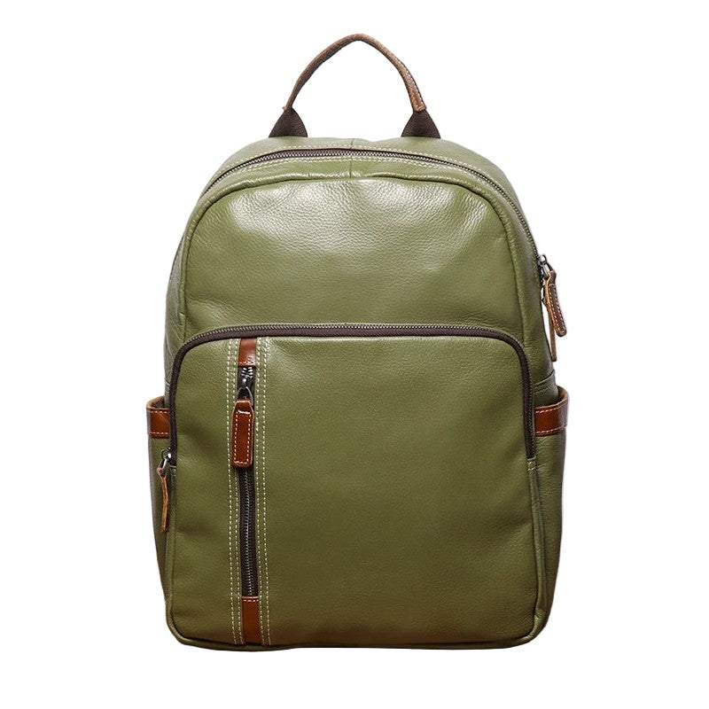 Green leather backpack with brown accents and soft handle, front view.
