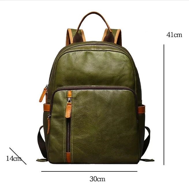 Green leather backpack measuring 41cm high, 30cm wide and 14cm deep, ideal for daily use and travel.