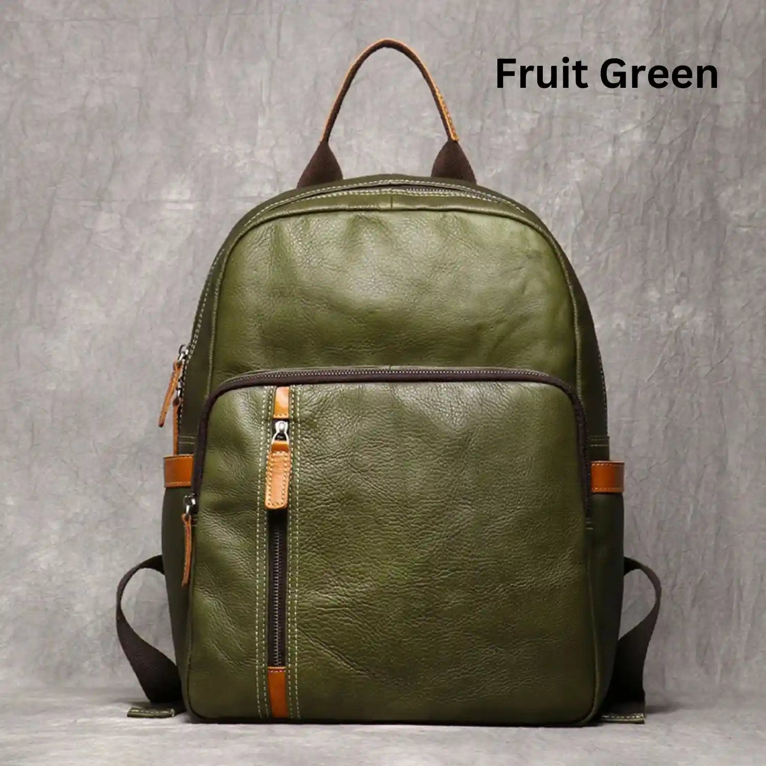 Fruit green leather backpack, with an elegant finish and practical front compartments.