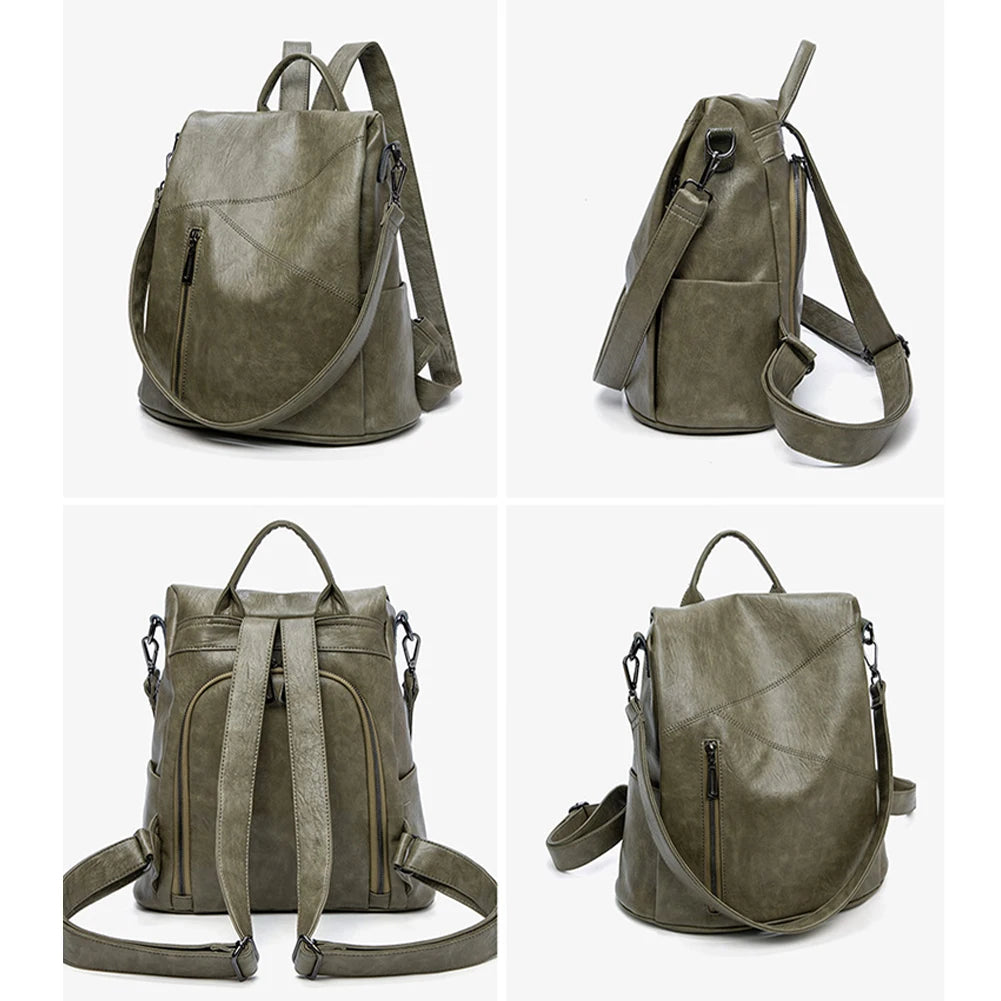 Stylish green leather backpack with multiple angles showcasing its unique design.