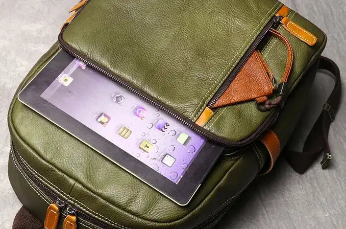 top view of a green leather backpack with a tablet on the top.