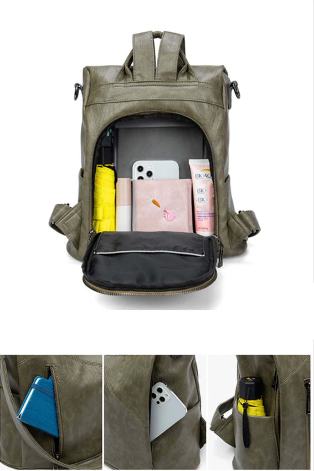Organized interior of a green backpack with various items including a phone and notebook.