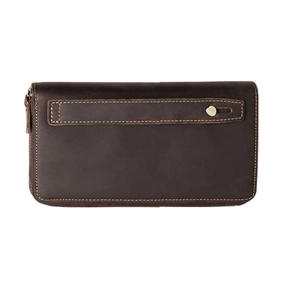 Brown leather wallet on a white background with handle, front view.