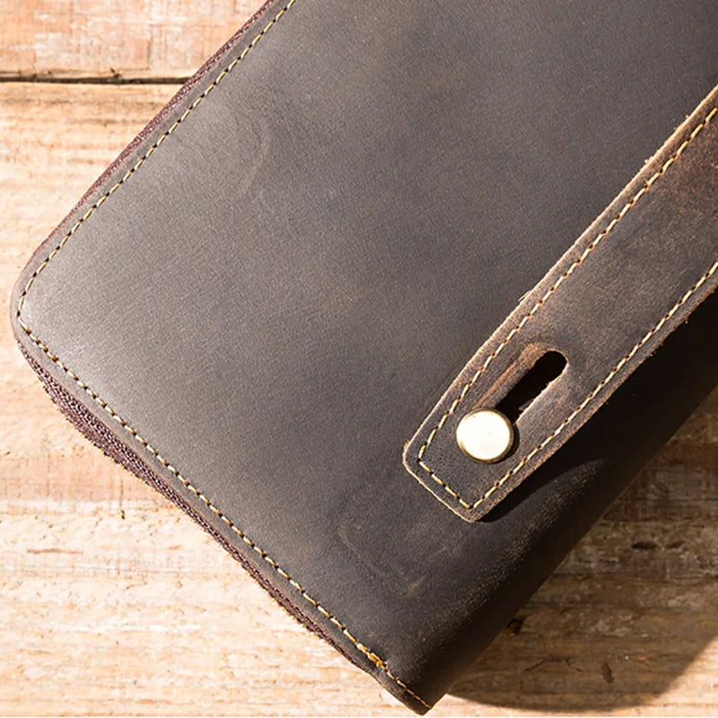 Vintage leather wallet showcasing its texture and fine stitching.