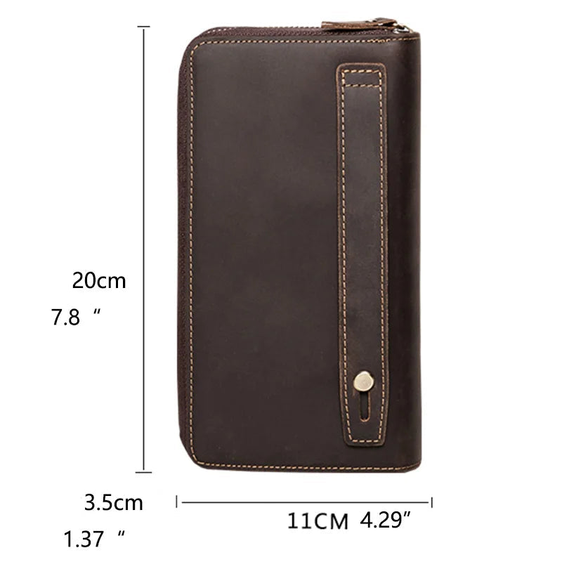 Stylish brown leather wallet with wrist strap and dimensions 20cm x 11cm x 3.5cm for easy carrying.