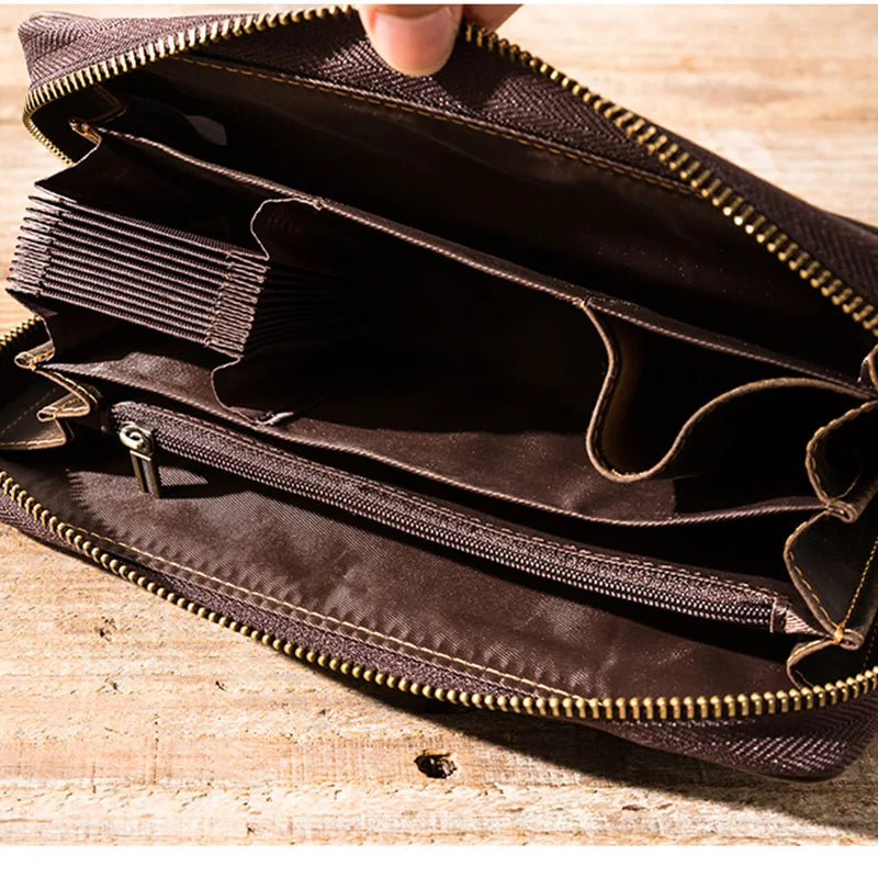 An organized interior of a leather wallet with various interior pockets and compartments.