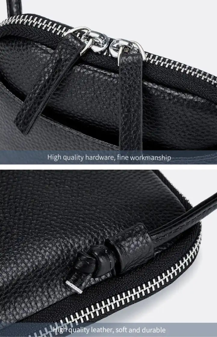 Close-up of high-quality black leather bag with zipper and fine workmanship.