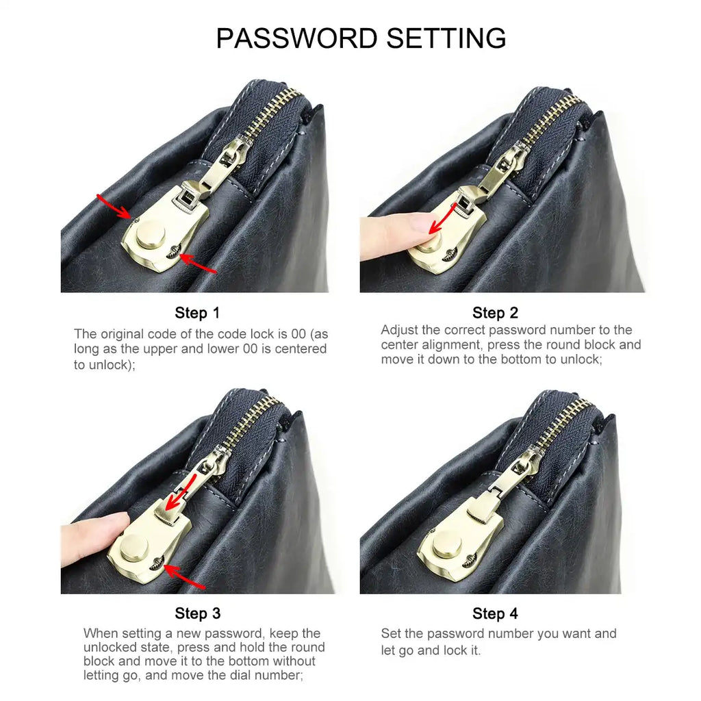 Step by step guide to setting a password for a padlock on a bag, showing clear instructions in four steps.