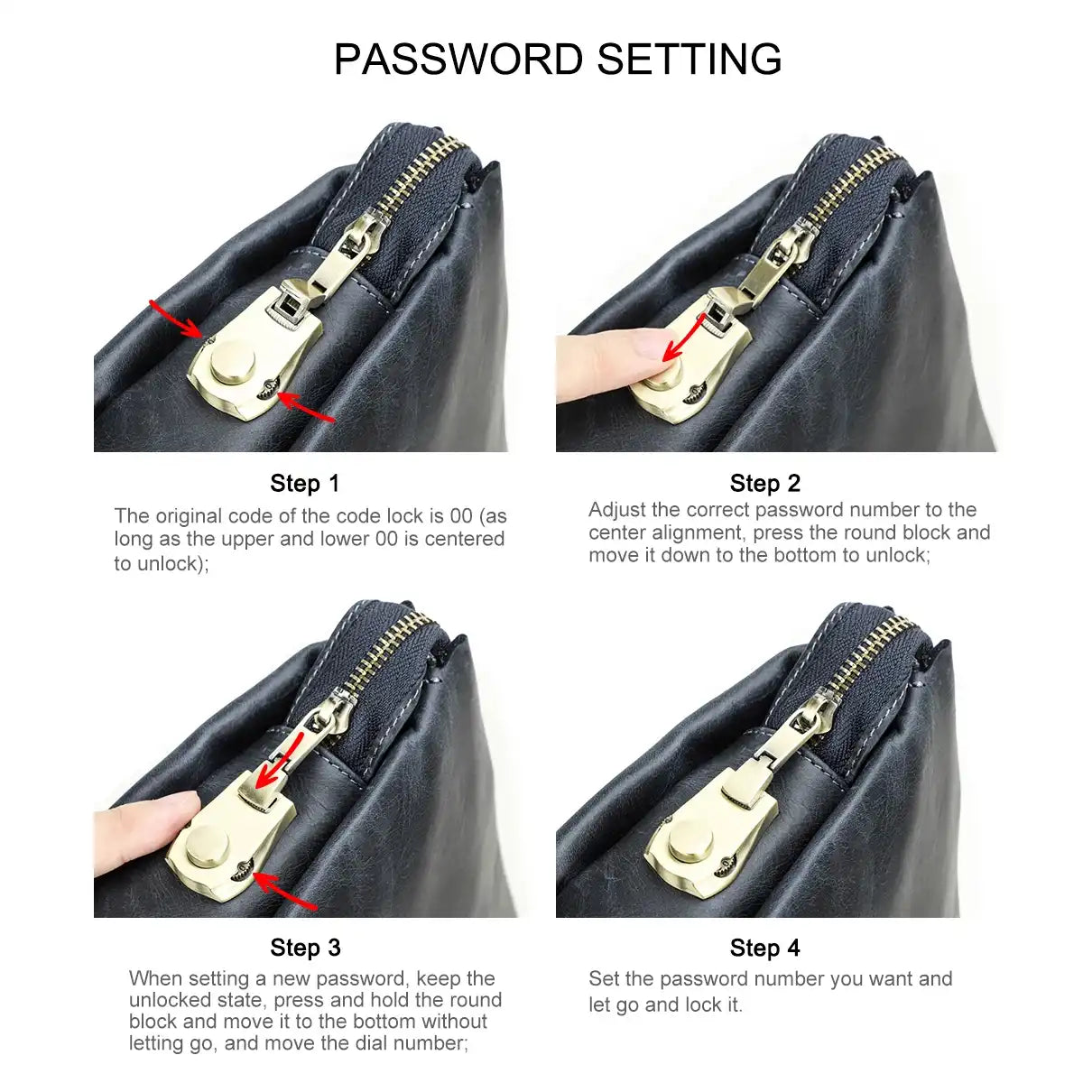 Step by step guide to setting a password for a padlock on a bag, showing clear instructions in four steps.