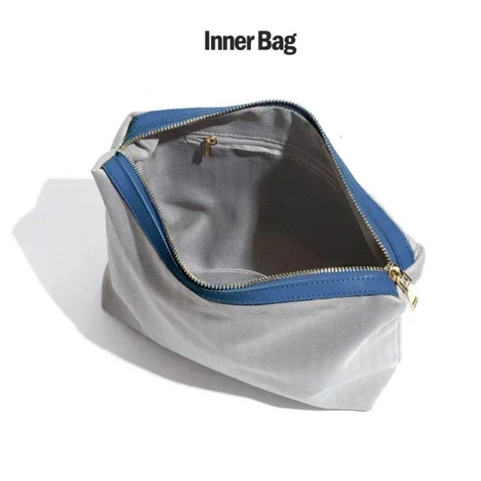 Internal bag with a blue zipper and gray fabric, ideal for organizing personal items in larger bags.