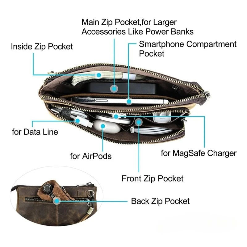 Detailed interior view of a brown leather clutch showing compartments  organization, top view.