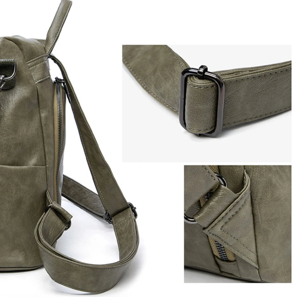 Close-up of the strap and buckle details on an olive green bag with a sleek design.