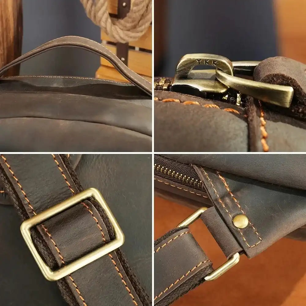 Details of a leather bag, showing the zipper, handle and metal buckles.