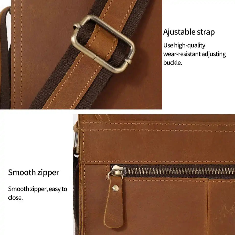 Leather bag detail showing adjustable strap with sturdy buckle and smooth zipper closure.