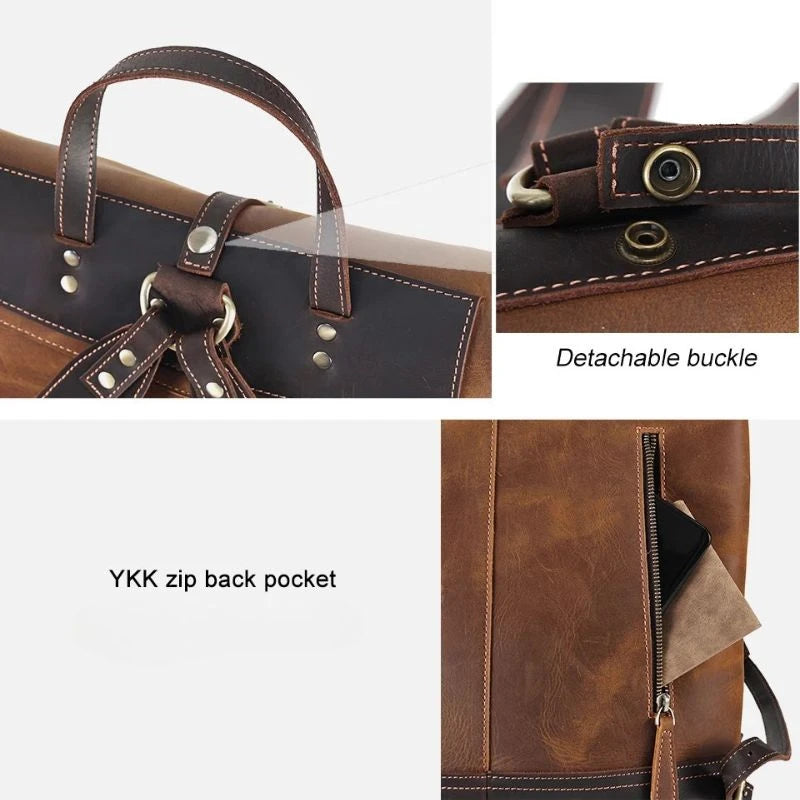 Focus on the details of a leather bag with detachable buckle and YKK zippered back pocket.