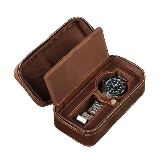 Brown leather watch case with a watch inside on a white background, open front view.