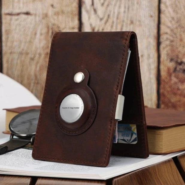 Brown leather wallet featuring an integrated AirTag holder - front view.