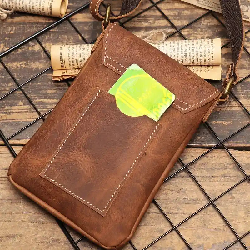Brown leather mini shoulder bag with card holder - back view