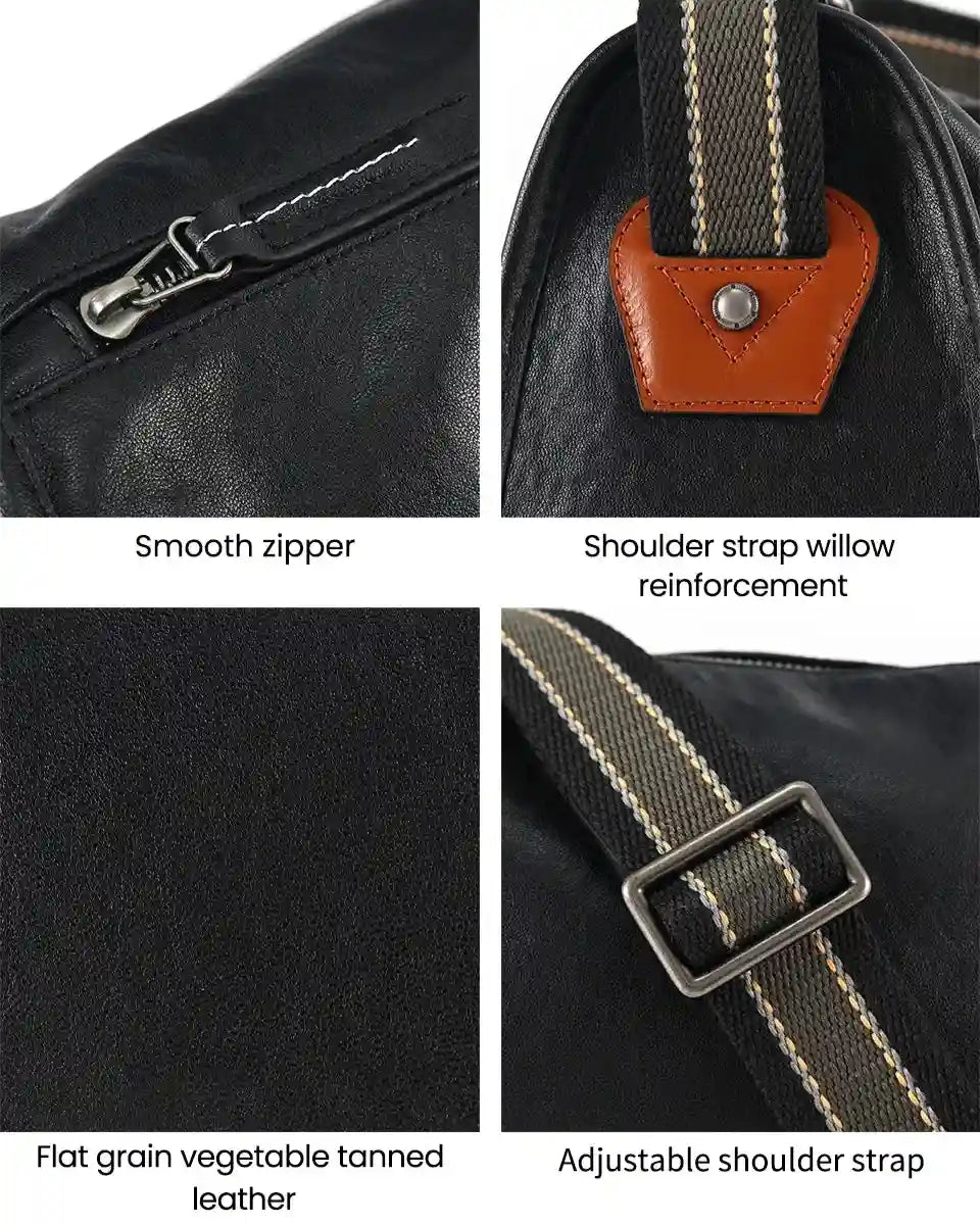 Details of a black leather bag including smooth zipper, reinforced willow handle and flat grain vegetable tanned leather.