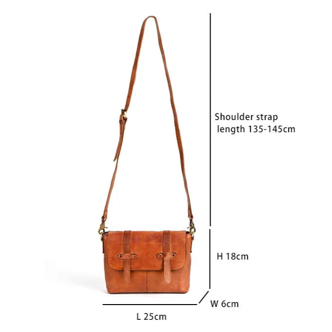 Stylish brown leather shoulder bag with adjustable strap and dimensions.