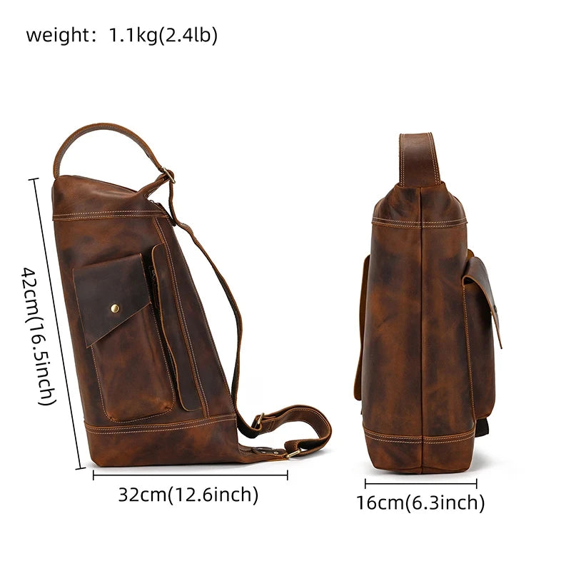 back view of a light brown leather shoulder bag with dimensions.