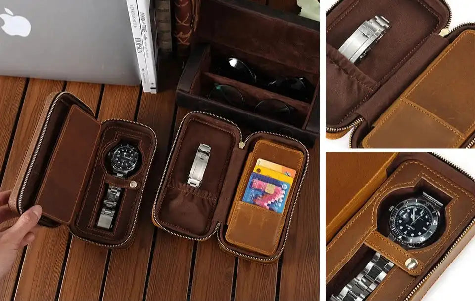 an elegant leather watch case, featuring a sophisticated watch and space for cards and watch strap.