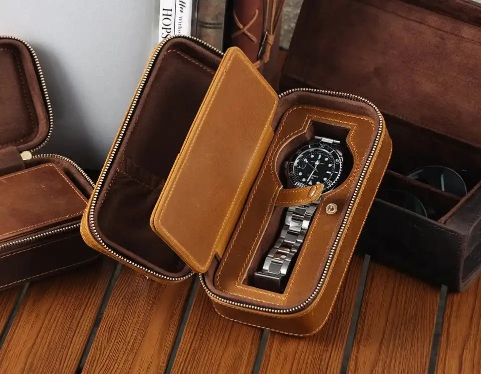 Elegant leather watch case, displaying a wristwatch with metal strap, ideal for protection and style.