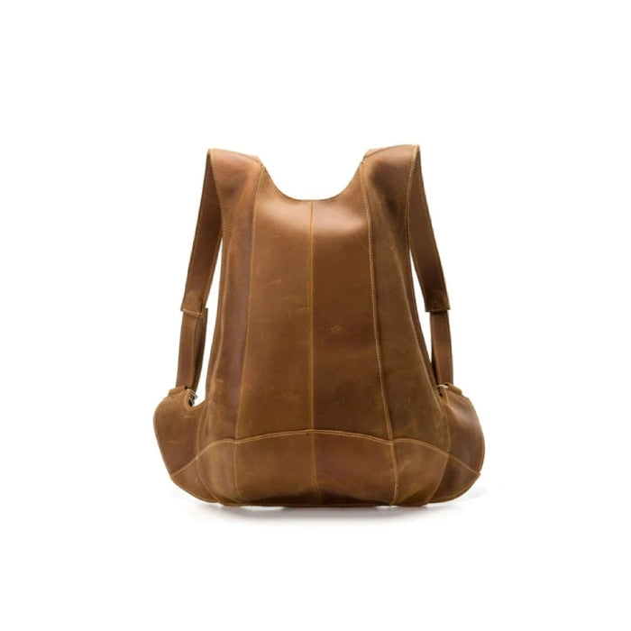 Light brown leather backpack with a unique anti-theft design, front view.