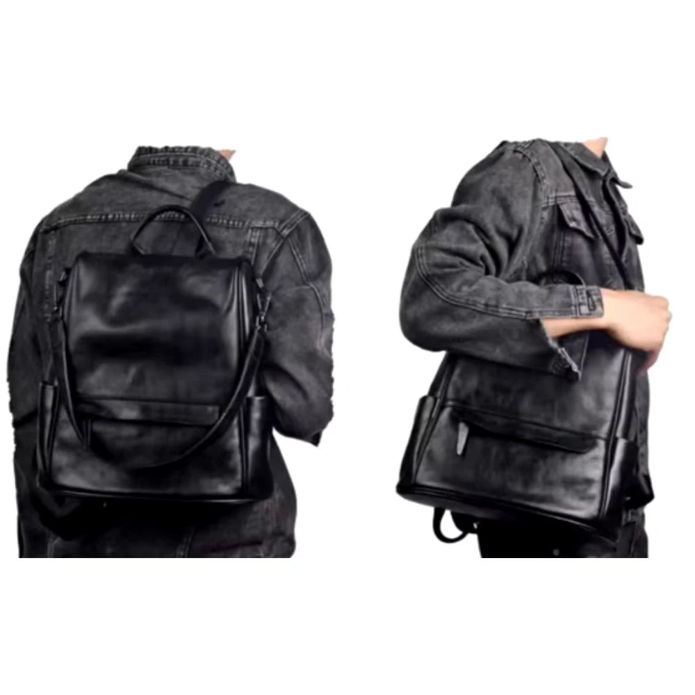 Black leather backpack with modern design worn by man, side and back views.