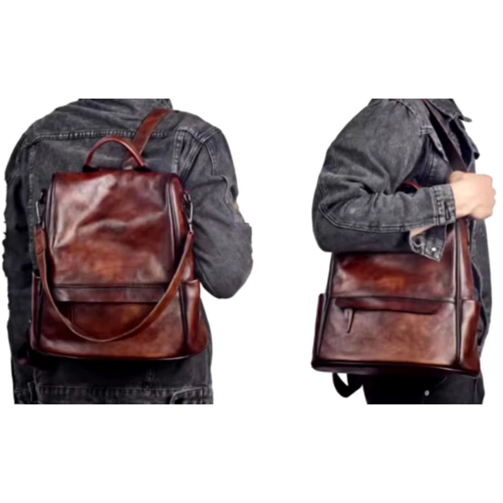 Coffee brown leather backpack with modern design worn by man, side and back views.